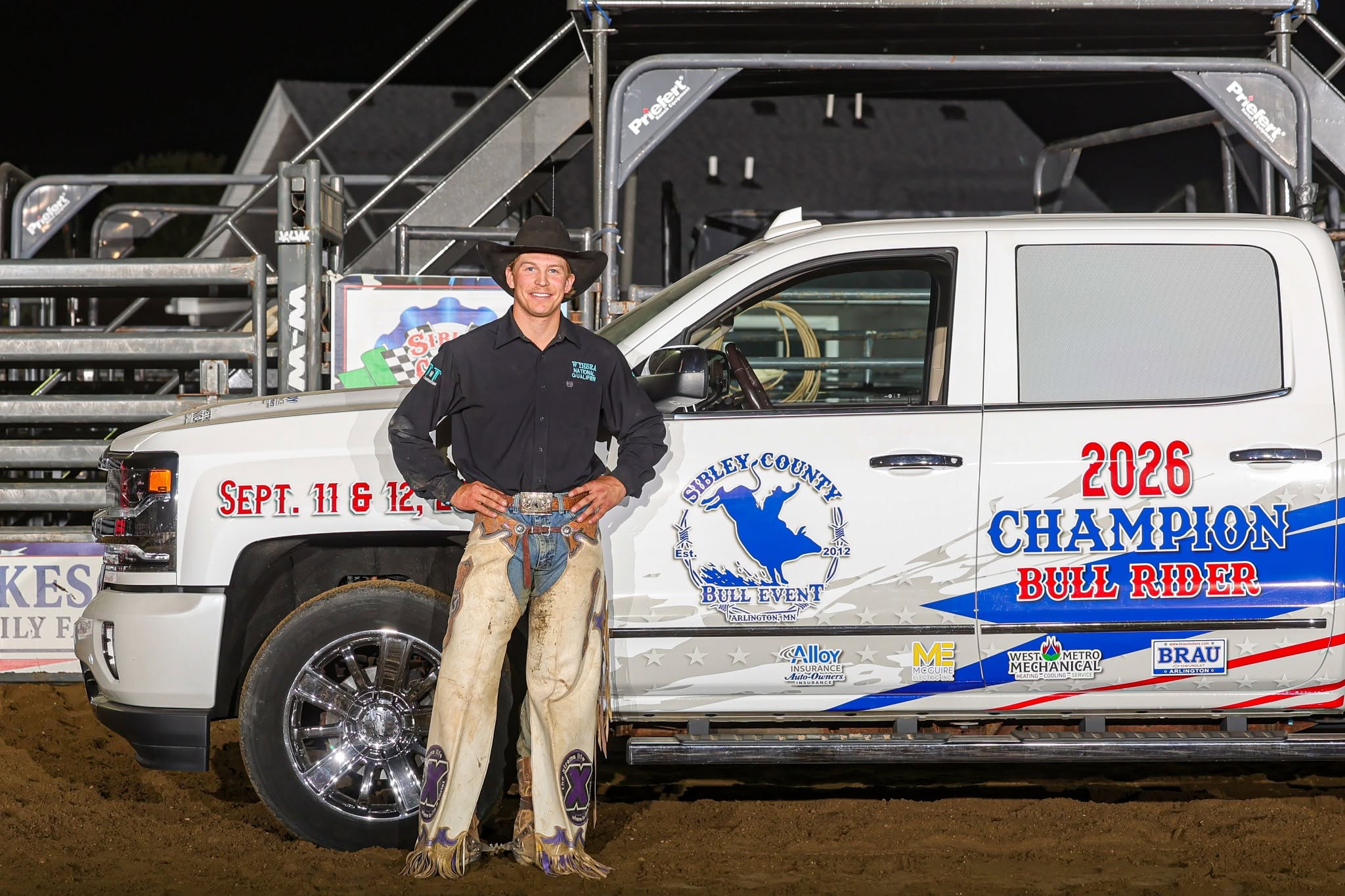 Brau Motors donated Chevy Silverado truck to winner of the 2026 Sibley County Bull Riding event